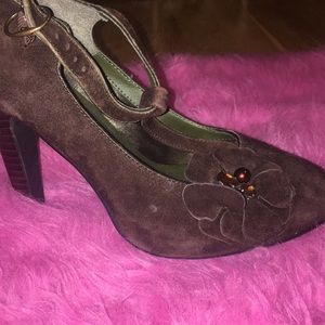 Suede T Strap Pumps With Floral Embellishment